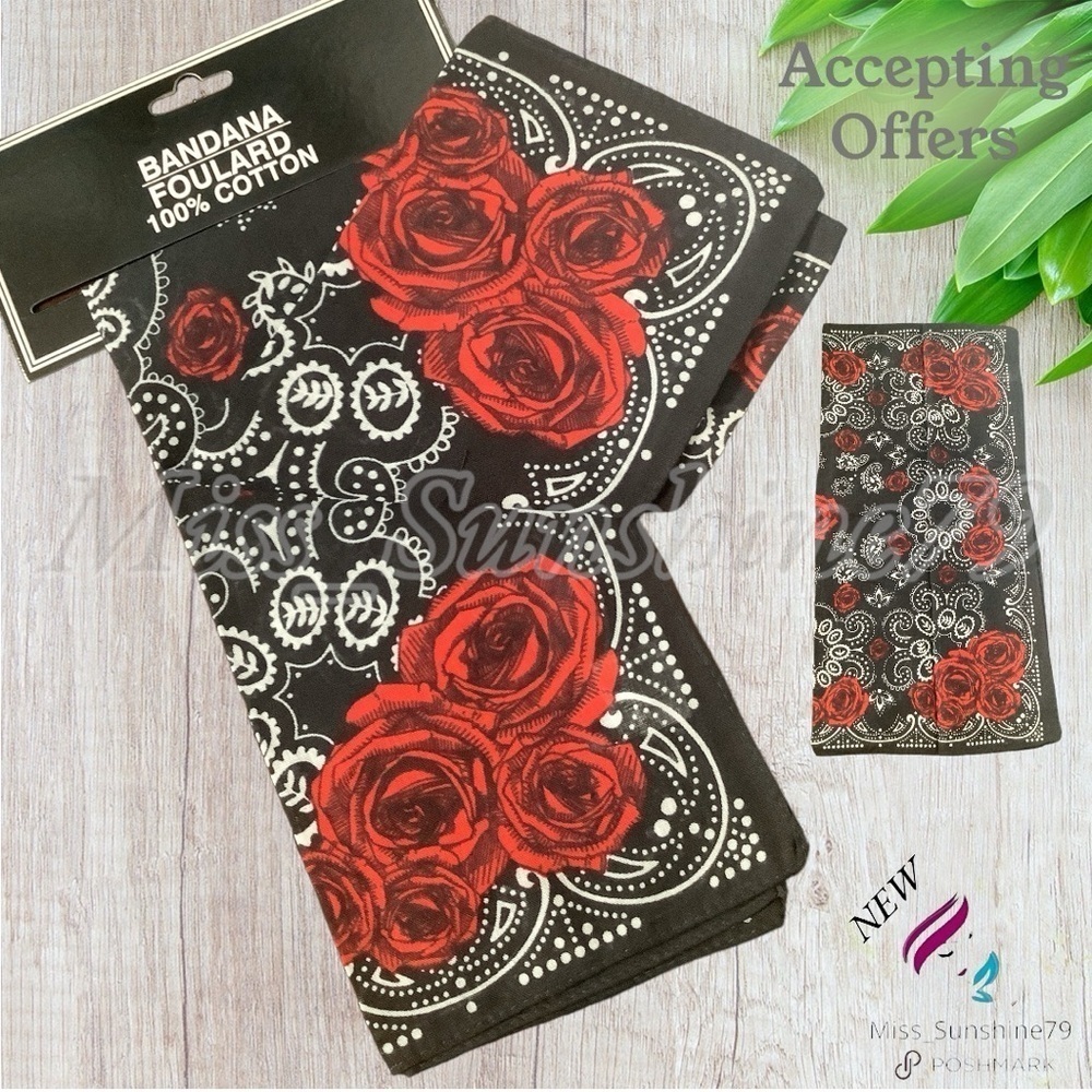 NEW - black floral boho red roses lightweight 100% cotton bandana
